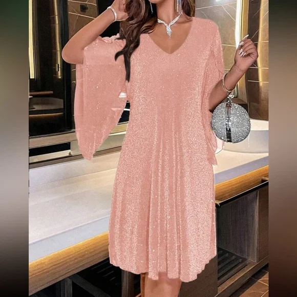 Luxe V neck party formal glitter dress red
